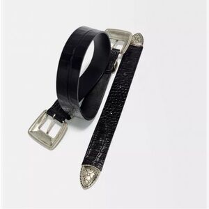 Maje Black Leather Belt with Ornate Silver Buckle